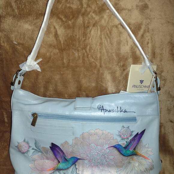 Anuschka Blue Leather Painted Hummingbird Shoulder Bag - Picture 4 of 7